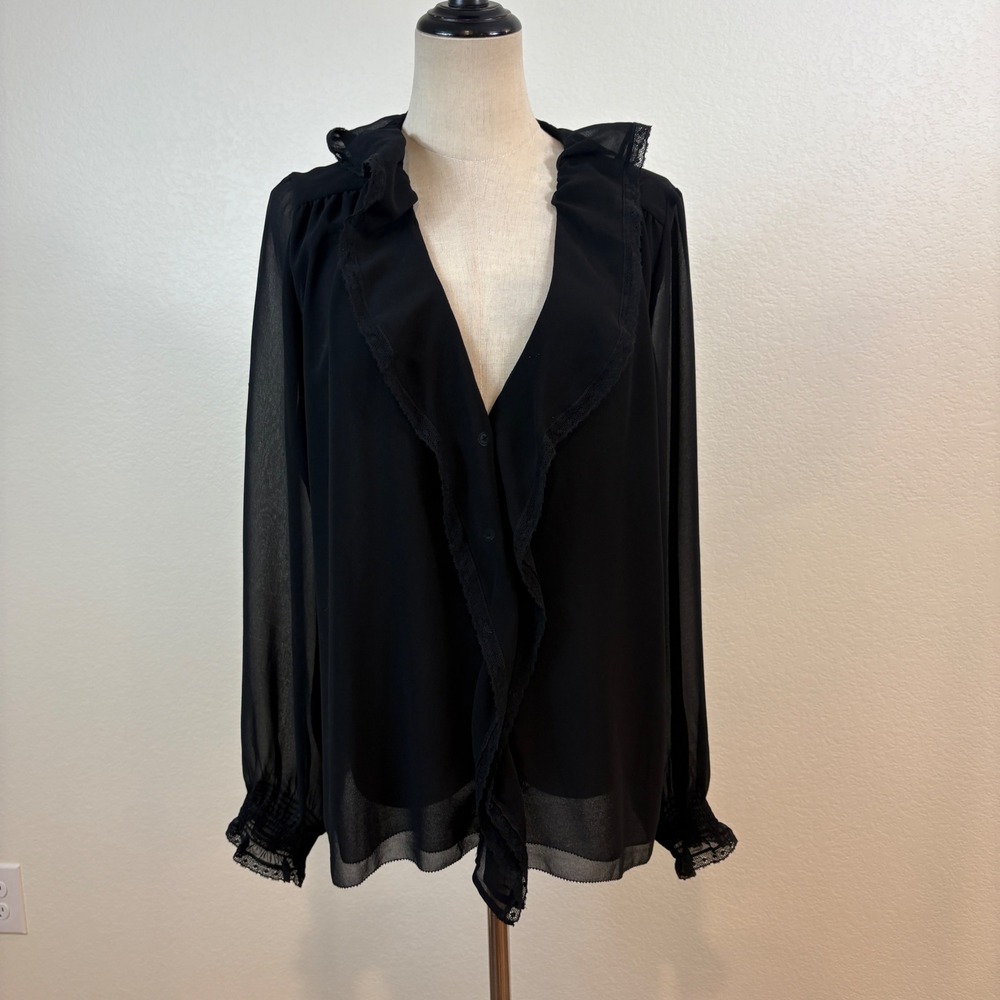 Wilfred Blouse L Black Sheer Ruffle Lace V-Neck Long Sleeve Whimigoth Peasant
